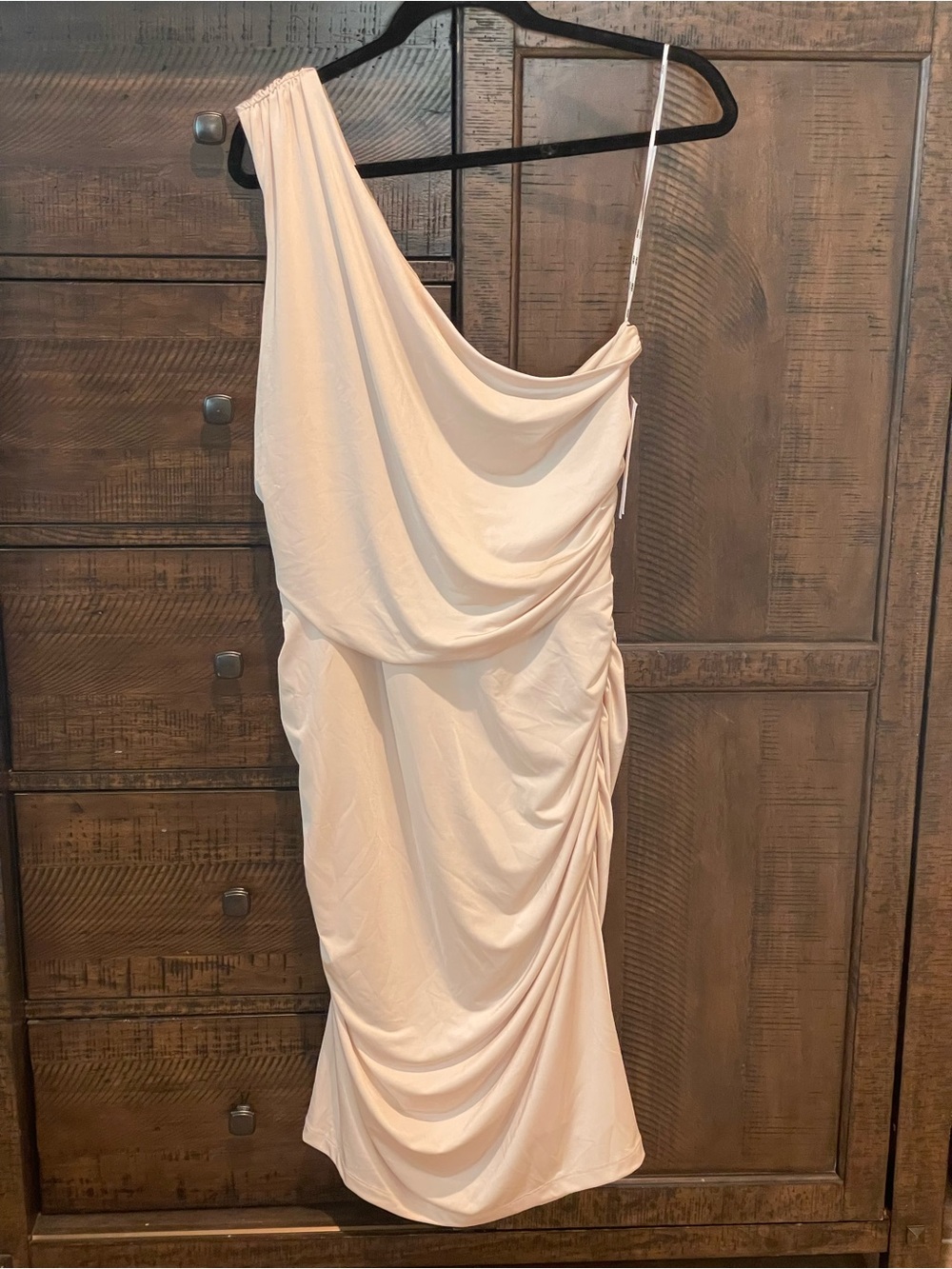 DKNY One-Shoulder Draped Midi Dress in Champagne
